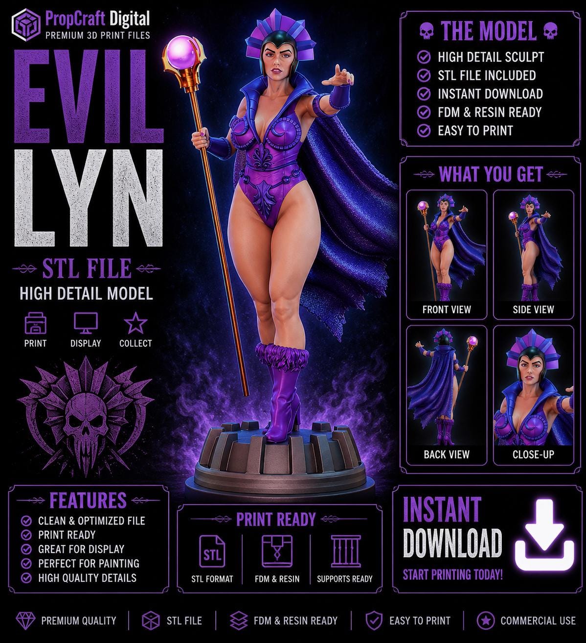 Dark Fantasy Woman Statue STL File | 3D Printable Female Warrior Figure | High Detail Model (Digital Download)