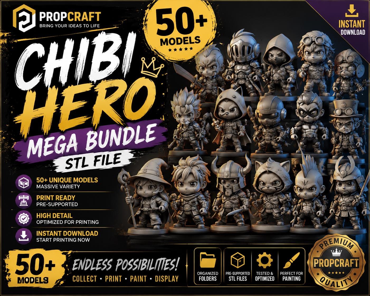 Chibi Hero Mega Bundle STL File | 50+ Anime Style 3D Printable Models (Digital Download)