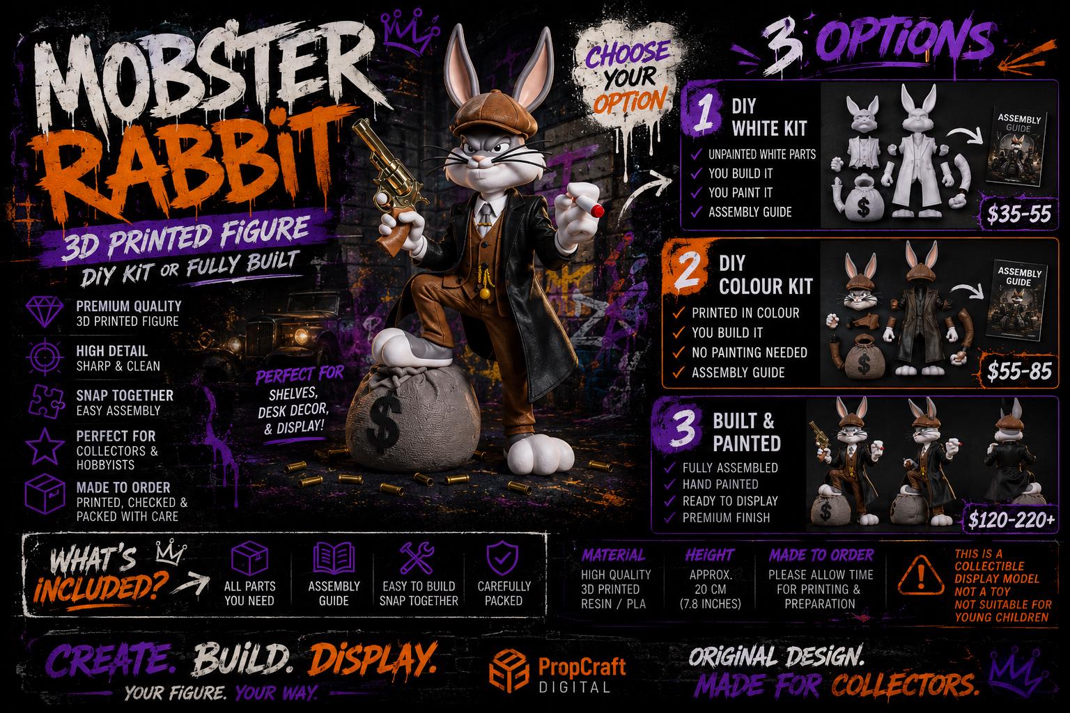 Mobster Rabbit 3D Printed Figure Kit | DIY White or Colour Model Built & Painted Collectible Display Statue