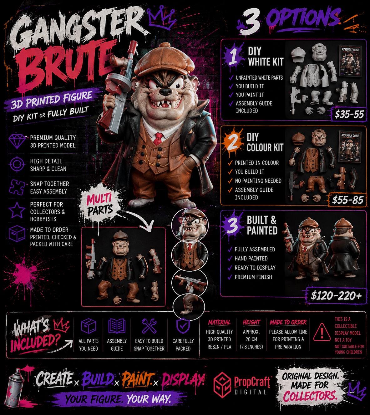 Gangster Brute 3D Printed Figure Kit | DIY White or Colour Model Built & Painted Collector Display Statue