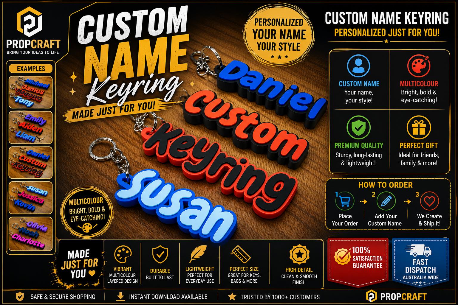 Custom Name Keyring | Personalized 3D Printed Keychain | Multicolour Name Keyring | Custom Bag Tag Gift | Personalized Name Keychain Australia