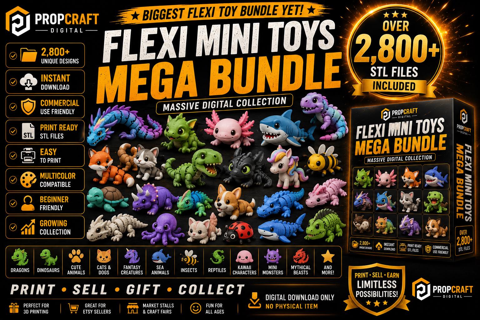 Flexi Animal STL Mega Bundle | Articulated Animal 3D Print Files | Flexi Dragon Bee Fish Axolotl Pig Snake (Digital Download)