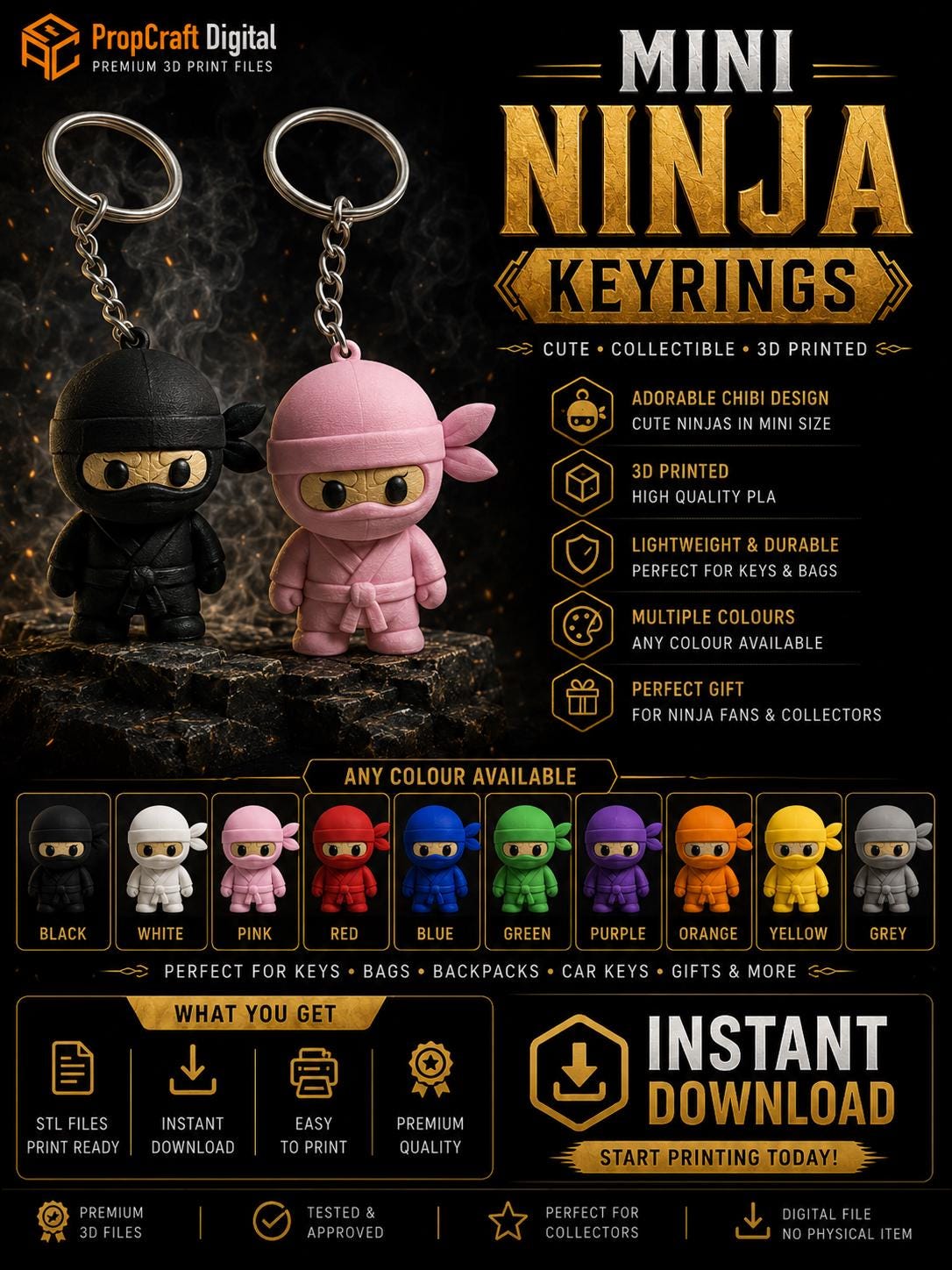 Ninja Keyring | Cute Mini Ninja Keychain | Black or Pink Ninja Bag Charm | Kawaii Ninja Gift | Handmade 3D Print Australia